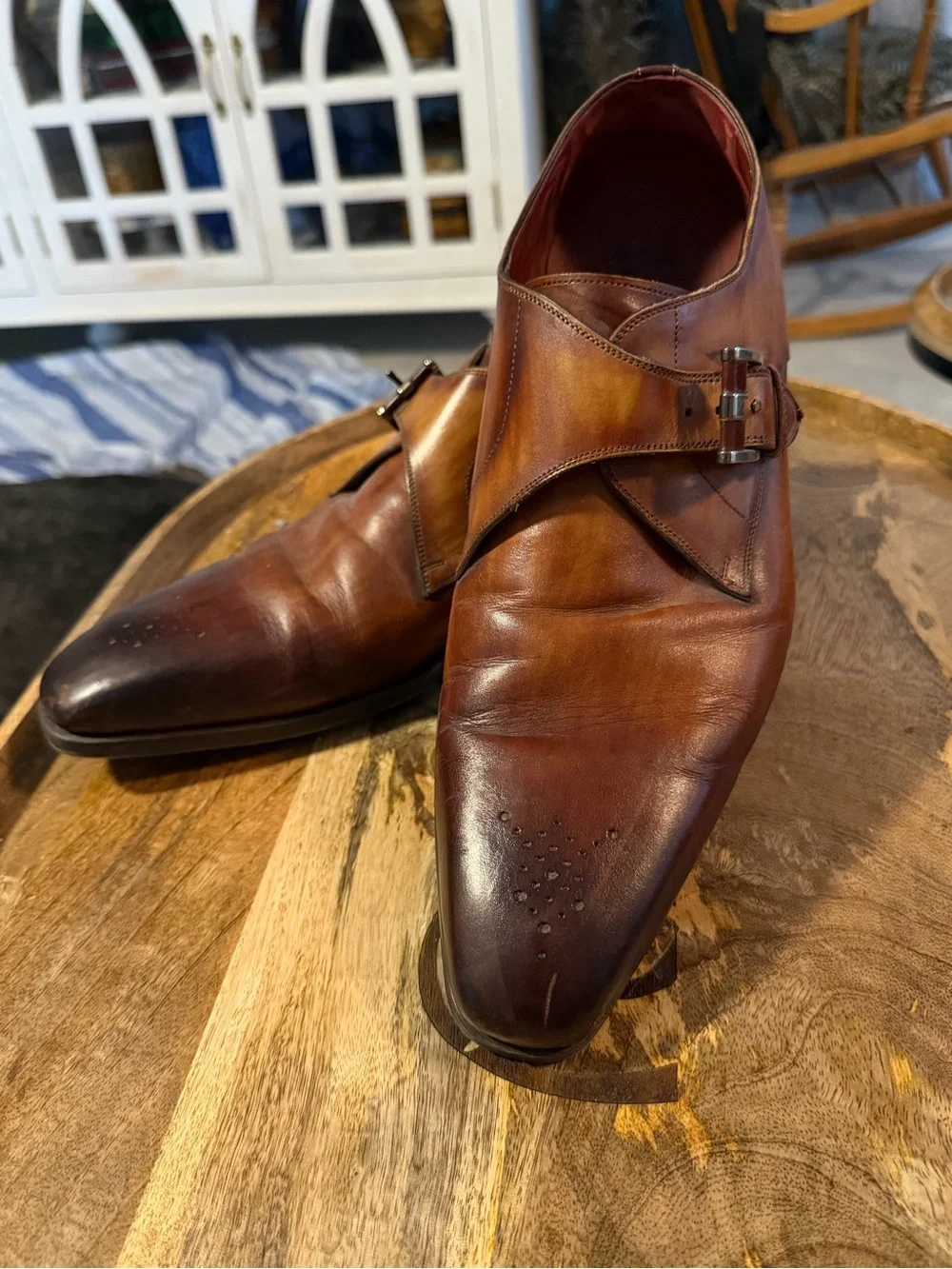 Magnanni Burnished Tan Leather Single Monk Strap Shoes. Neiman Marcus